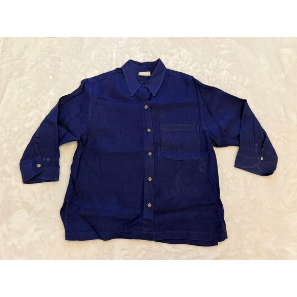 Chico's Design Tops - Chicos Design Navy Blue 100% Linen Button Down Shirt Pocket Size 0 Small